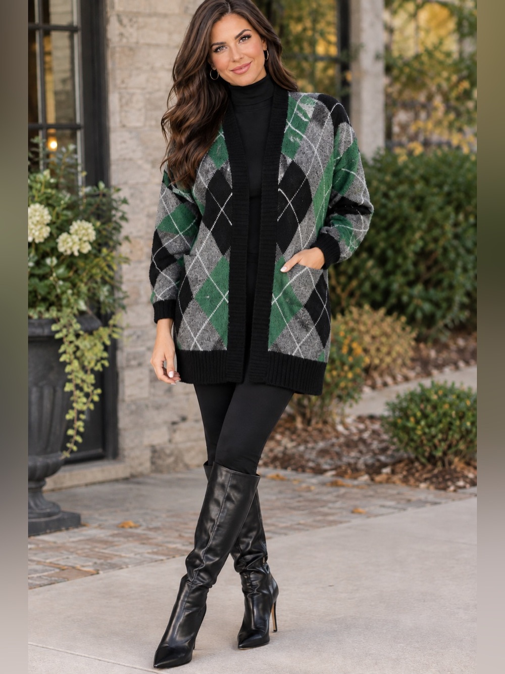 Sz XL Eclipse Argyle Open Front Chunky Cozy Cottagecore Cardigan